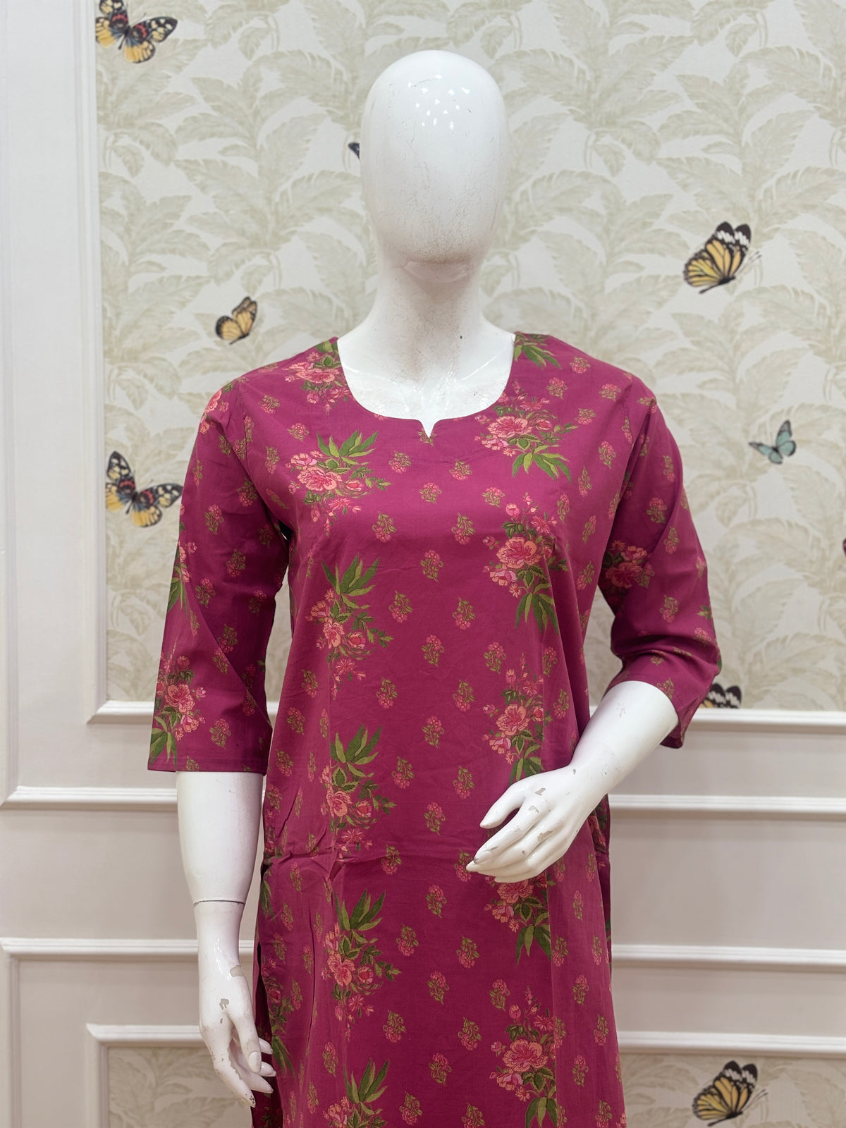 Wine Pink Floral Printed Kurti Set