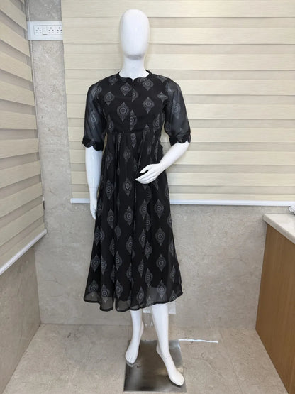 Black with Unique Motifs Printed Georgette Center Zip Maxi