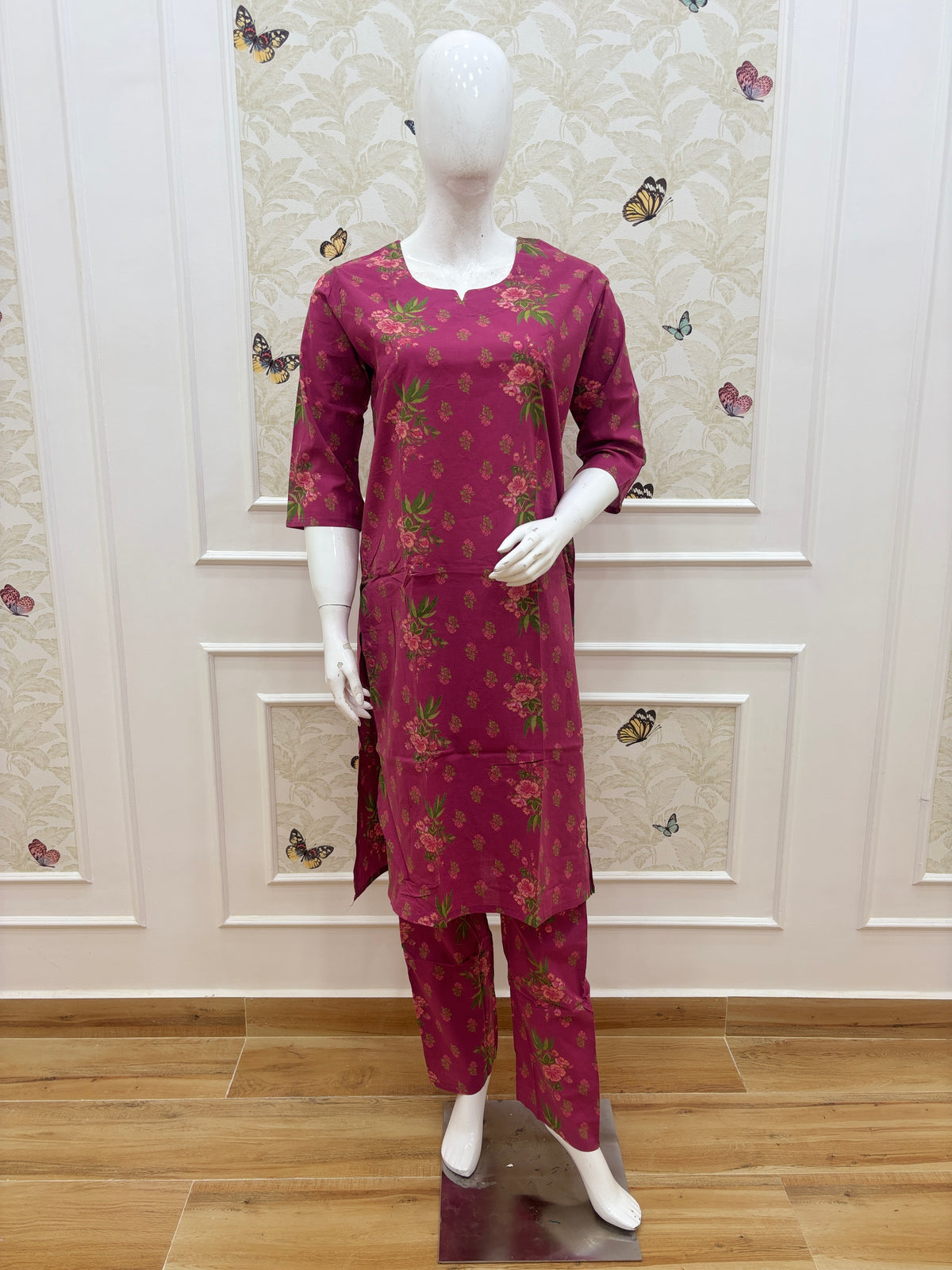 Wine Pink Floral Printed Kurti Set