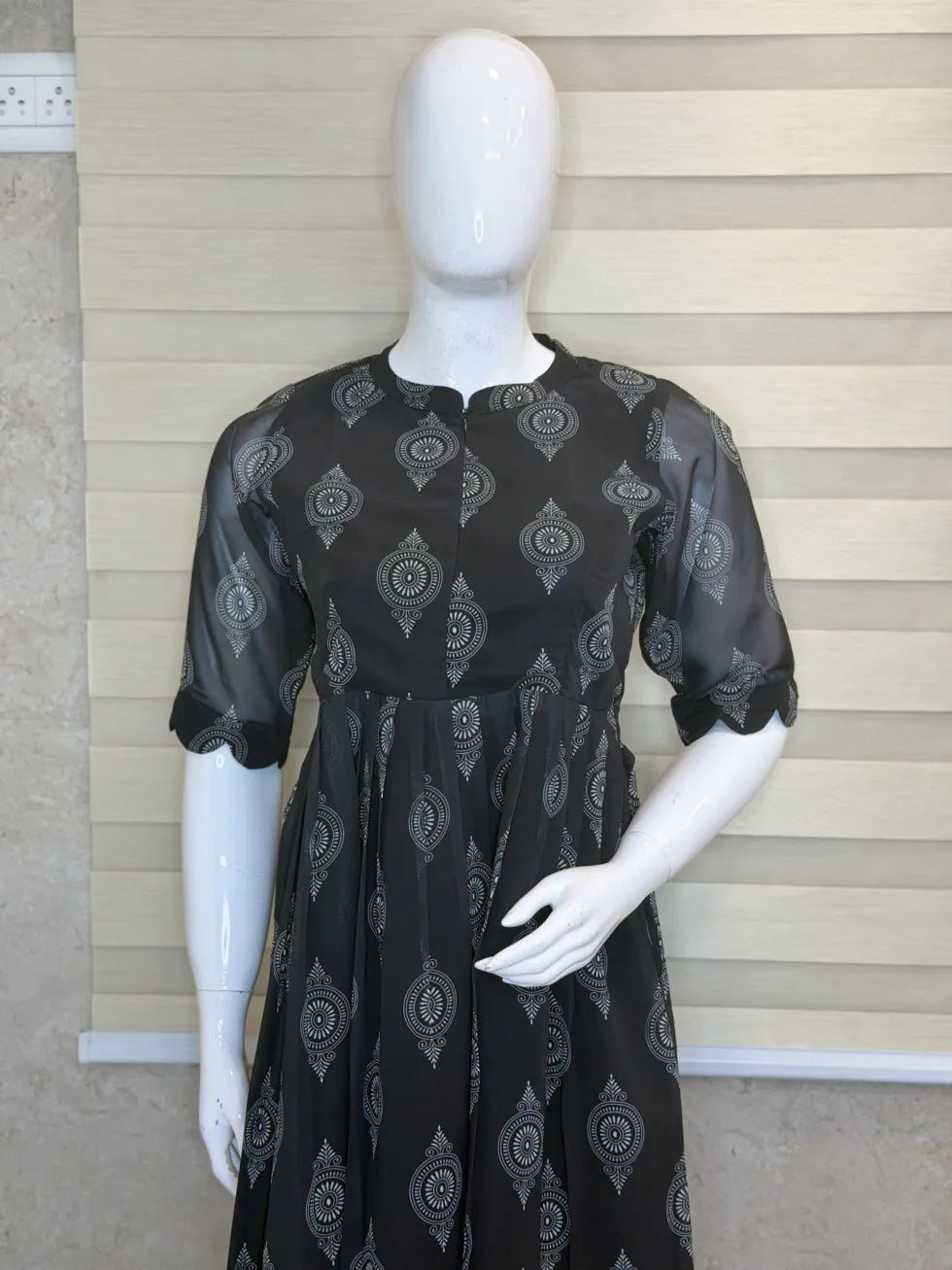 Black with Unique Motifs Printed Georgette Center Zip Maxi