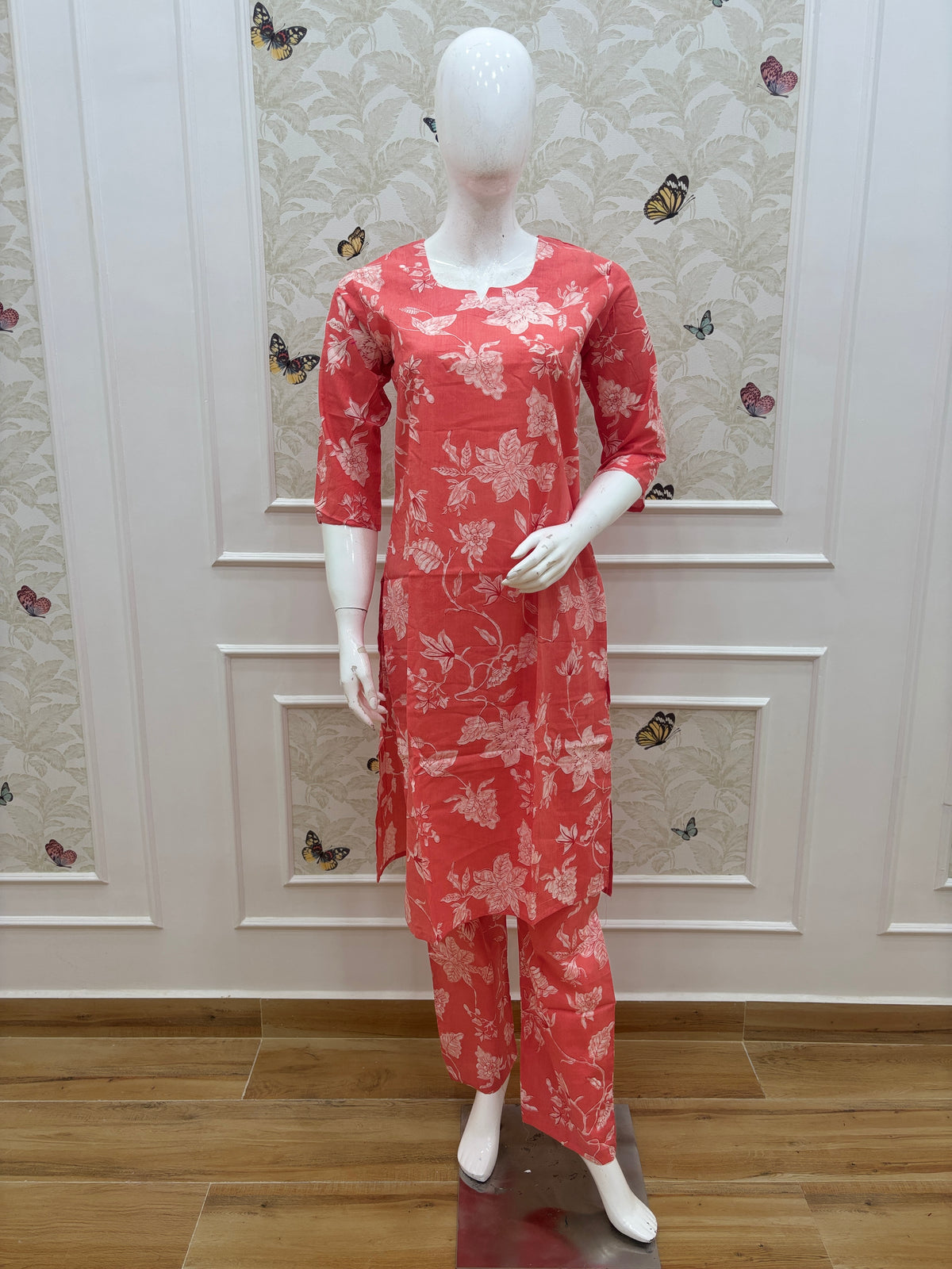 Coral Pink Floral Print Kurti Set