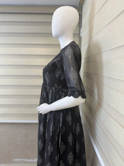 Black with Unique Motifs Printed Georgette Center Zip Maxi