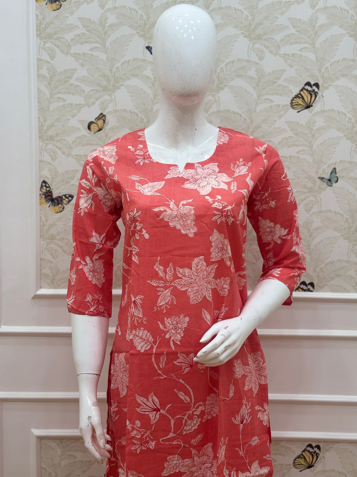 Coral Pink Floral Print Kurti Set