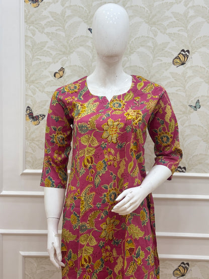 Rani Pink Floral Block Print Kurti Set