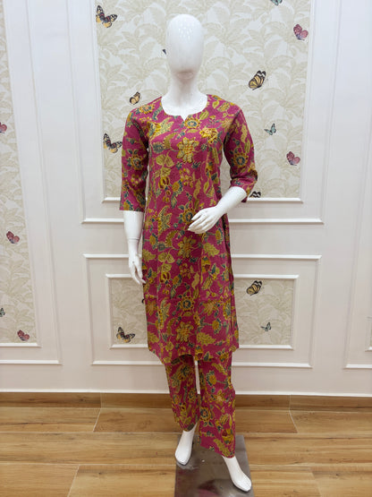 Rani Pink Floral Block Print Kurti Set