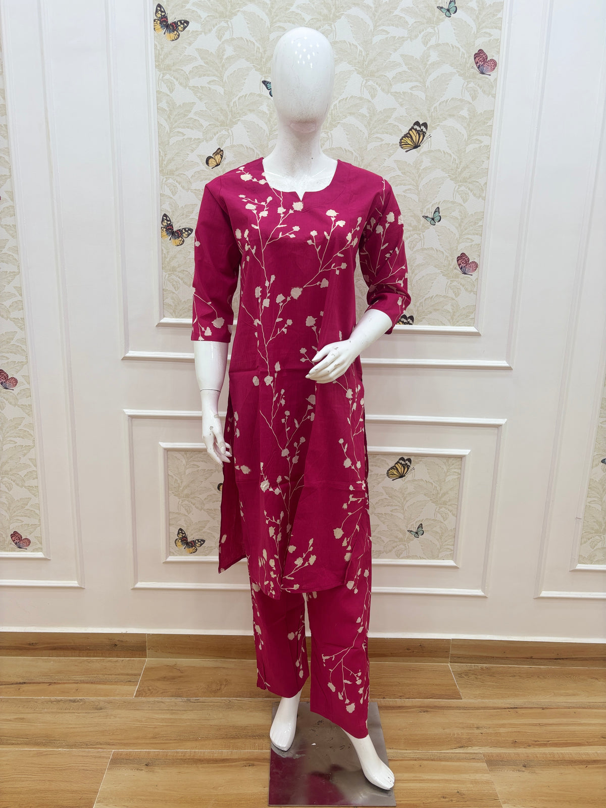 Raspberry Pink Floral Printed Kurti Set