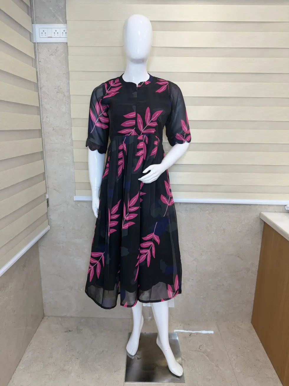 Black with Pink Leafy Printed Georgette Center Zip Maxi