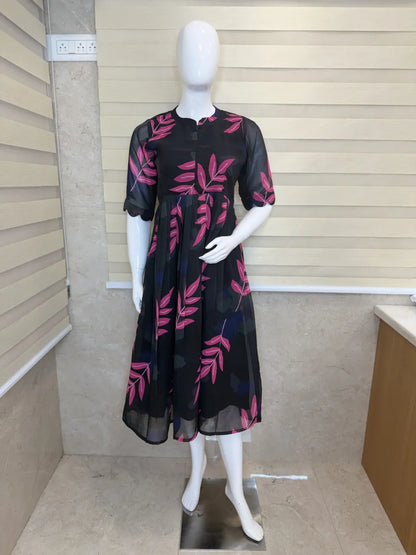 Black with Pink Leafy Printed Georgette Center Zip Maxi