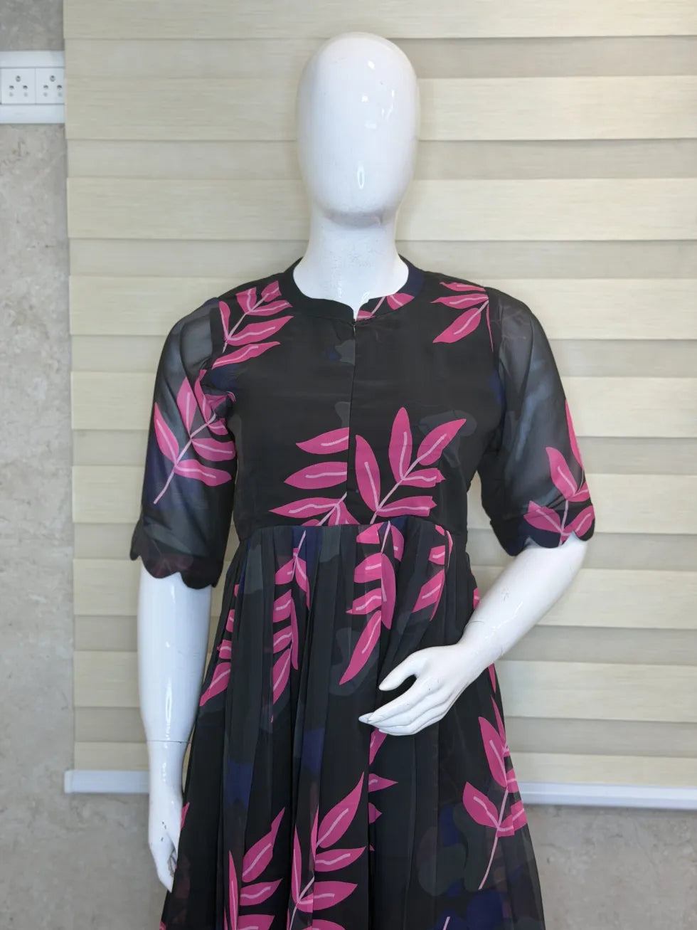 Black with Pink Leafy Printed Georgette Center Zip Maxi