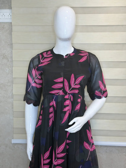 Black with Pink Leafy Printed Georgette Center Zip Maxi