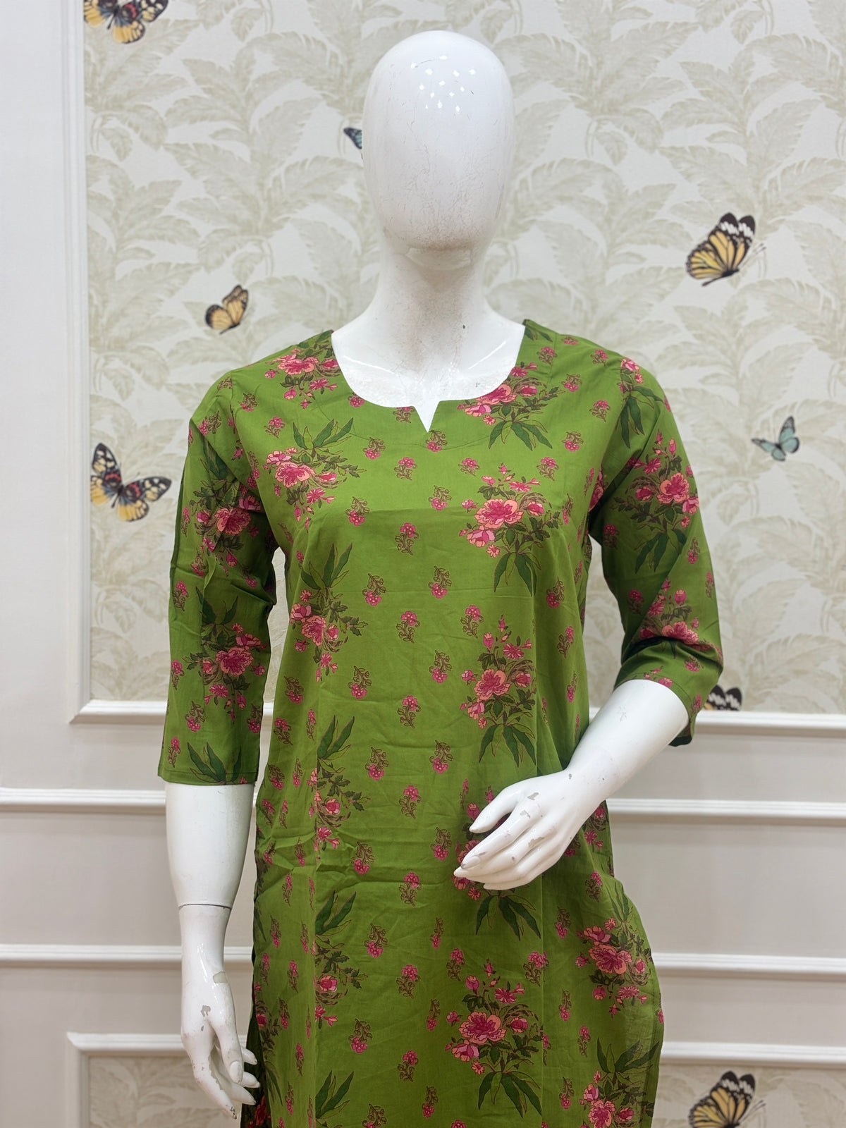 Olive Green Floral Printed Kurti Set
