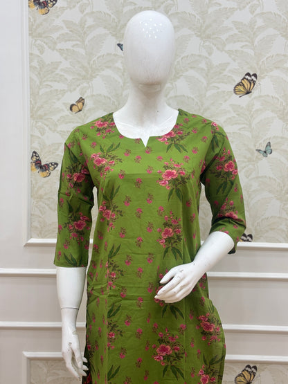 Olive Green Floral Printed Kurti Set