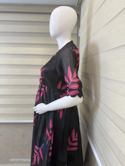 Black with Pink Leafy Printed Georgette Center Zip Maxi