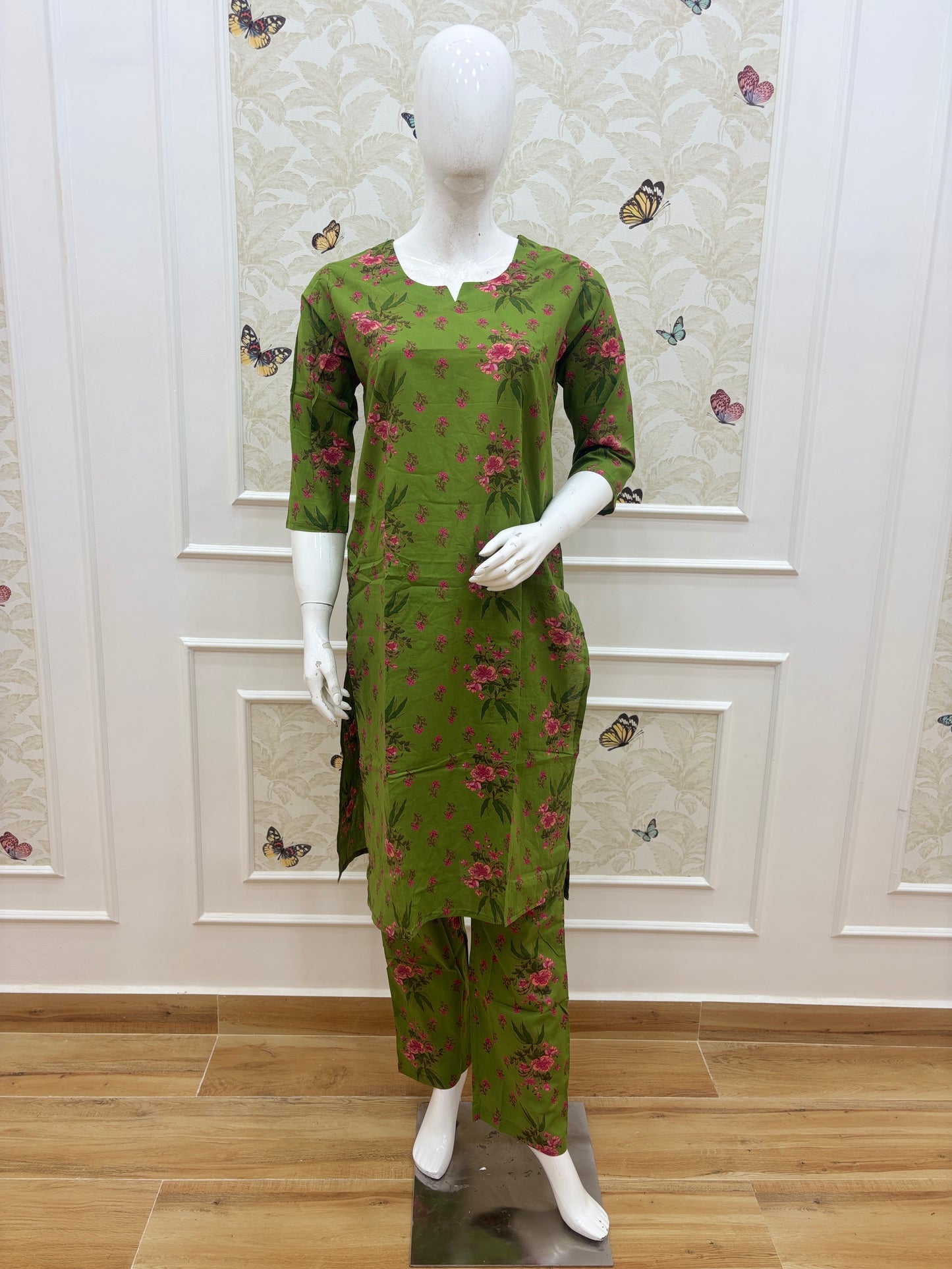 Olive Green Floral Printed Kurti Set