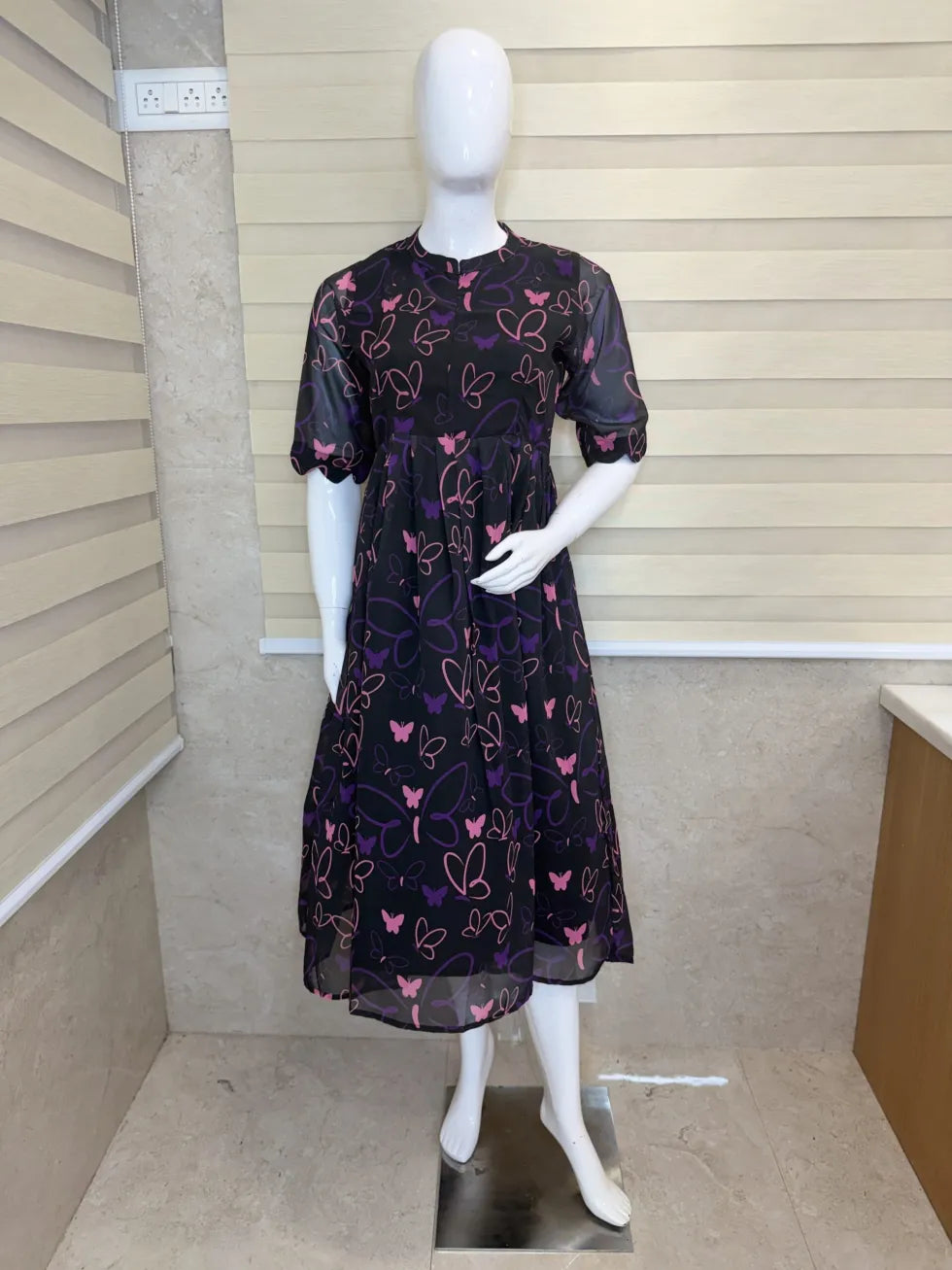 Black with Butterflie's Floral Printed Georgette Center Zip Maxi