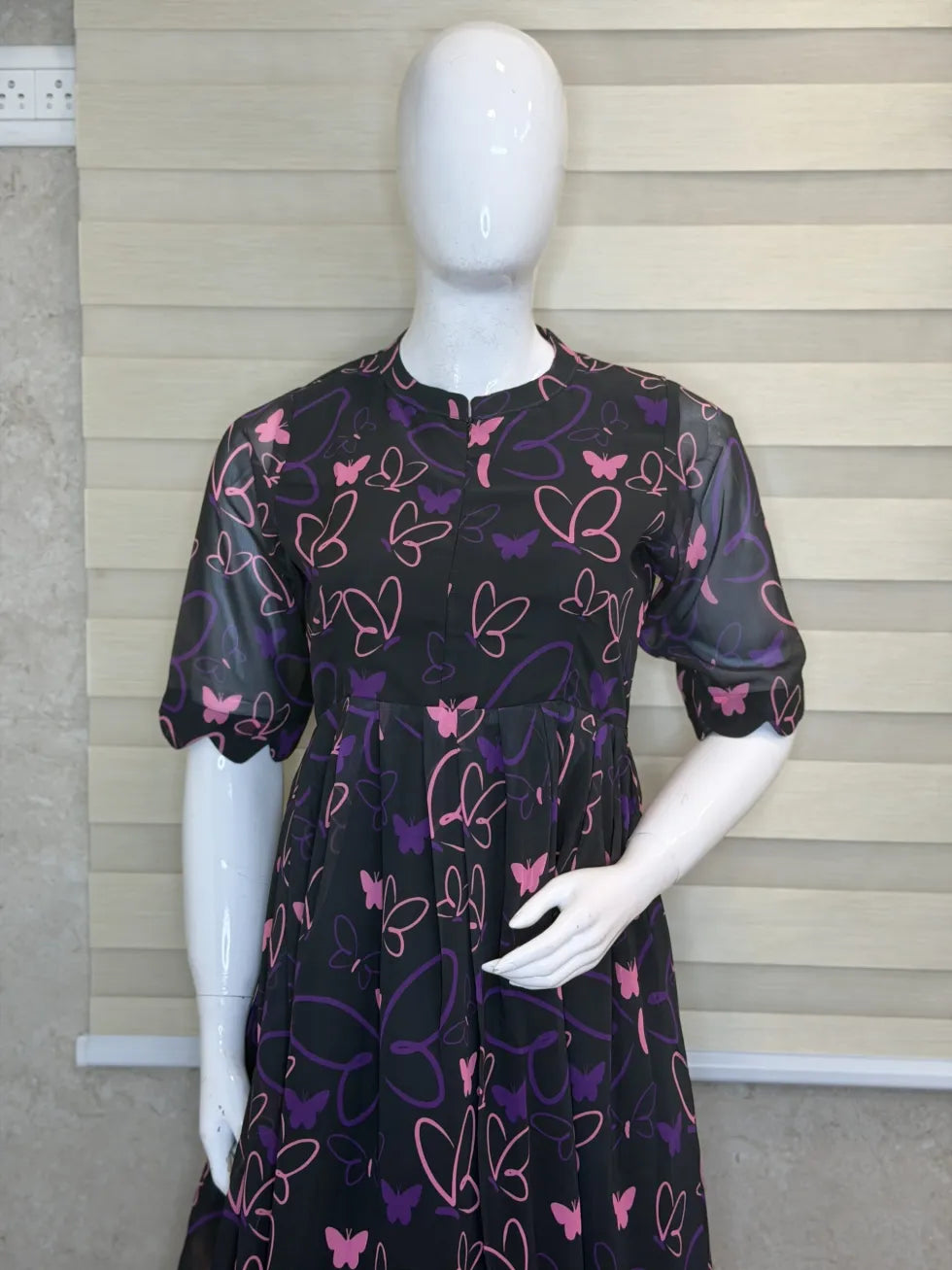 Black with Butterflie's Floral Printed Georgette Center Zip Maxi