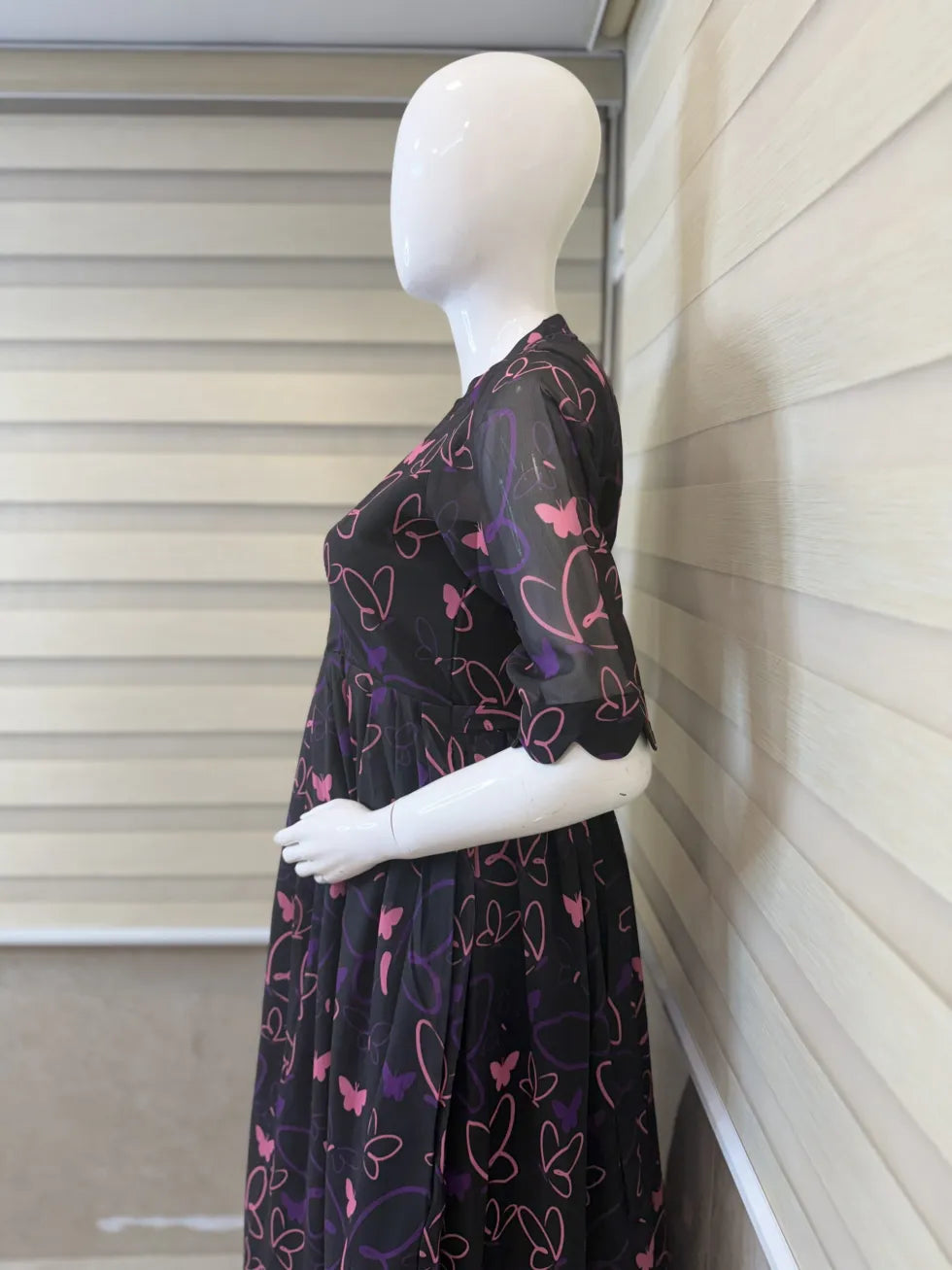 Black with Butterflie's Floral Printed Georgette Center Zip Maxi
