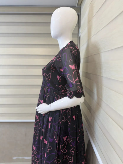 Black with Butterflie's Floral Printed Georgette Center Zip Maxi