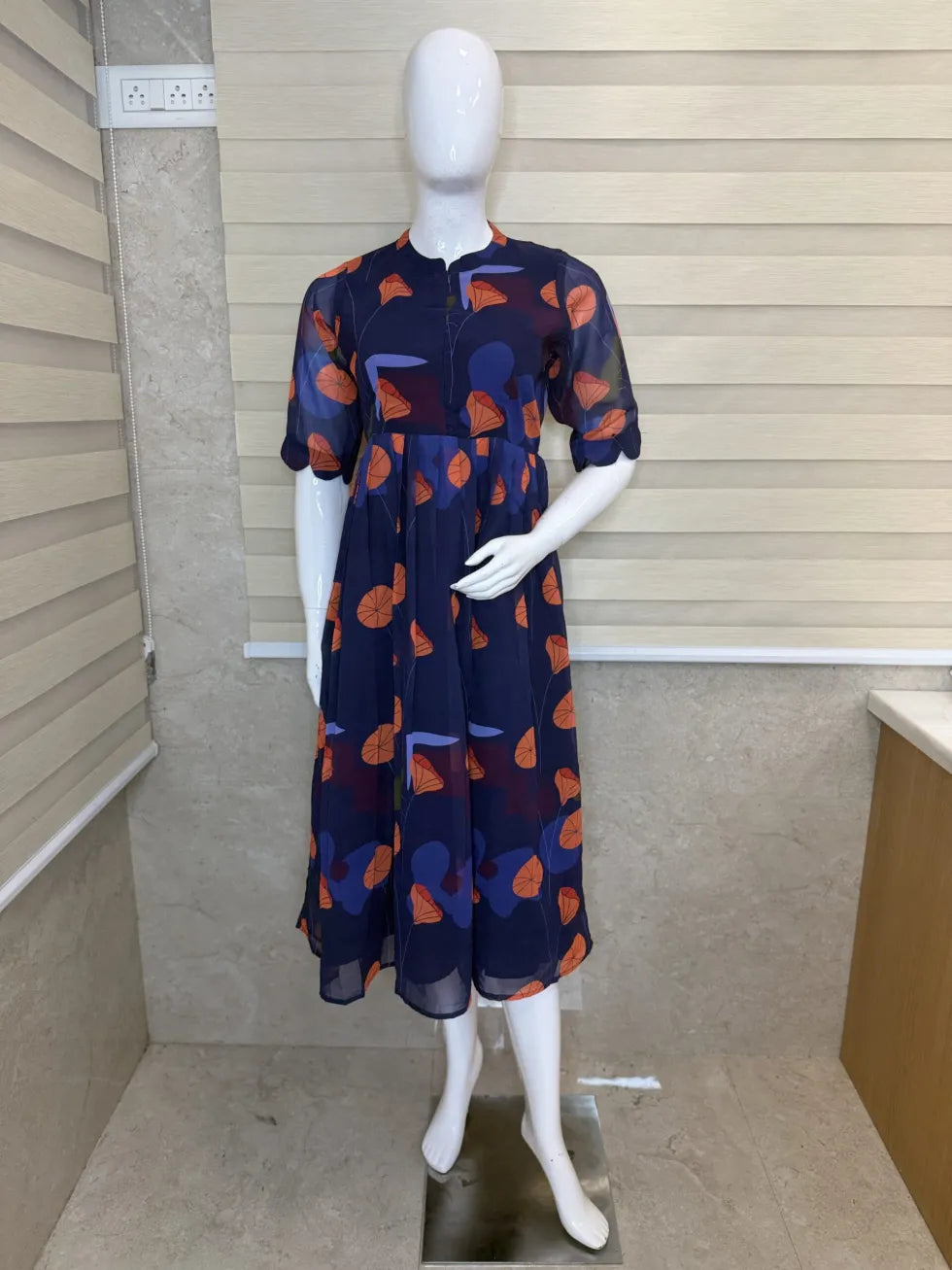 Navy Blue with Orange Floral Printed Georgette Center Zip Maxi
