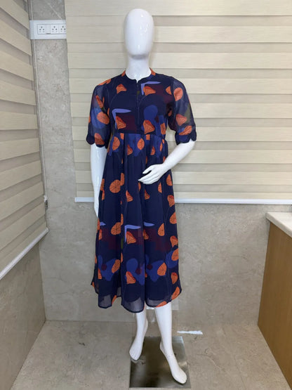 Navy Blue with Orange Floral Printed Georgette Center Zip Maxi