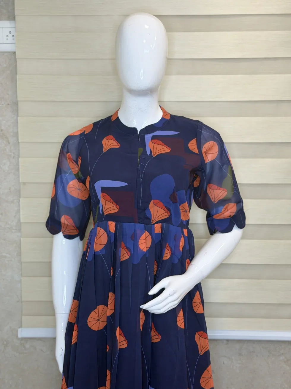 Navy Blue with Orange Floral Printed Georgette Center Zip Maxi