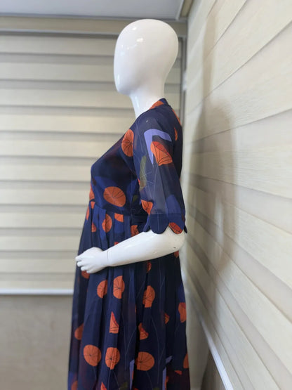Navy Blue with Orange Floral Printed Georgette Center Zip Maxi