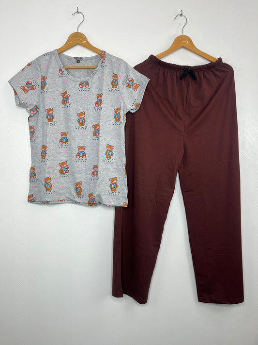 Grey Teddy Print Women’s T-shirt and Palazzo