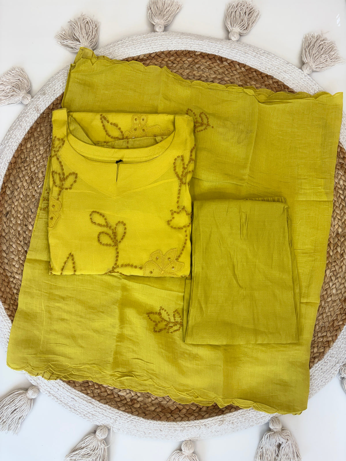 Lime Yellow Floral Embroidered Mul Chanderi Cotton 3-Piece Kurta Set