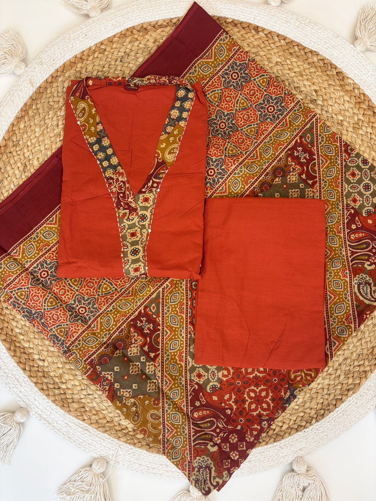 Rust Kalamkari Paisley Print Chanderi Cotton 3-Piece Set
