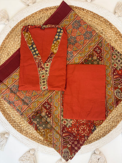 Rust Kalamkari Paisley Print Chanderi Cotton 3-Piece Set