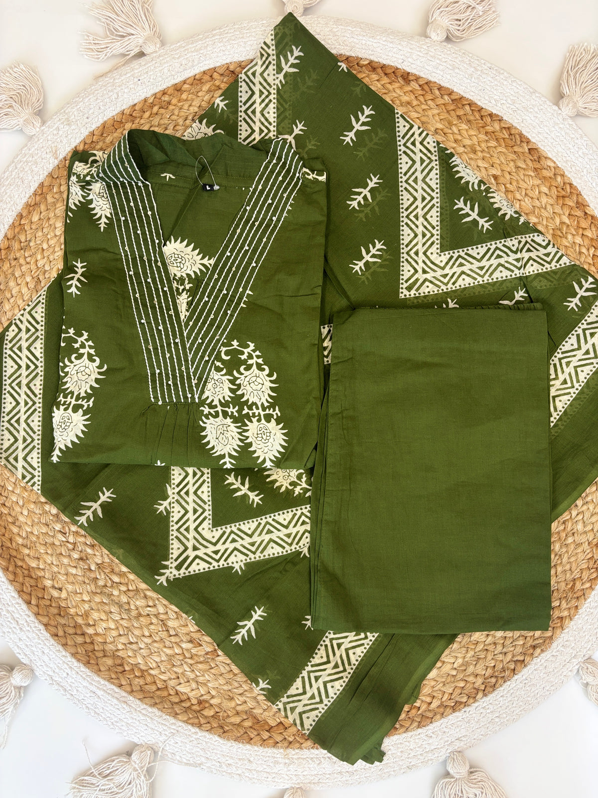 Olive Green Floral Print Chanderi Cotton 3-Piece Set