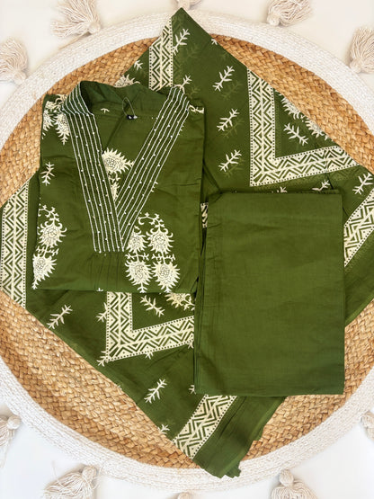 Olive Green Floral Print Chanderi Cotton 3-Piece Set