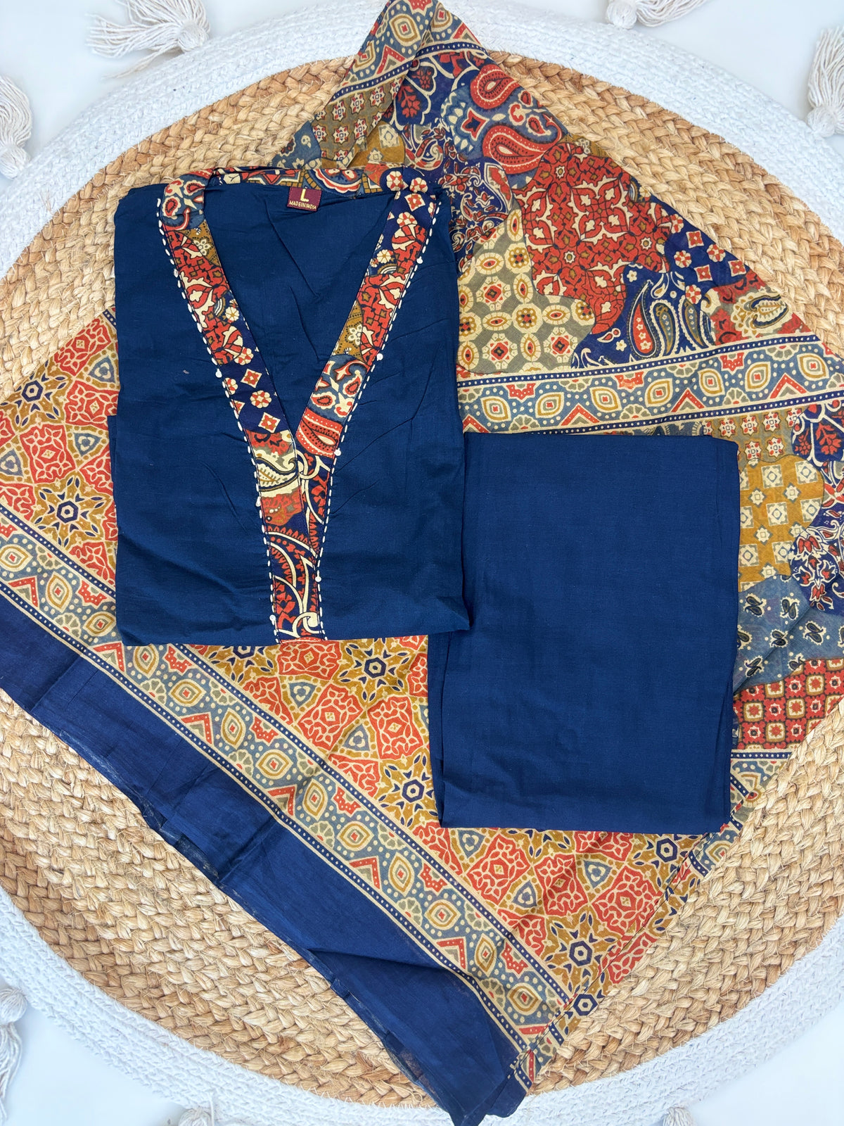 Navy Blue Kalamkari Print Chanderi Cotton 3-Piece Set