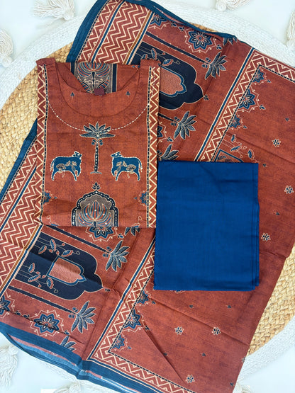 Rust Brown Elephant Motif Print Vatican Cotton 3-Piece Set
