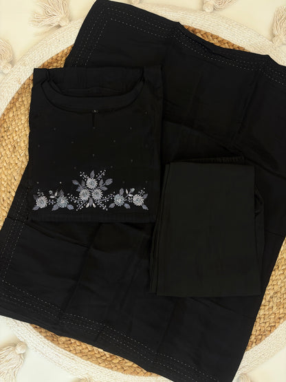 Black Floral Embroidered Chanderi Cotton 3-Piece Set