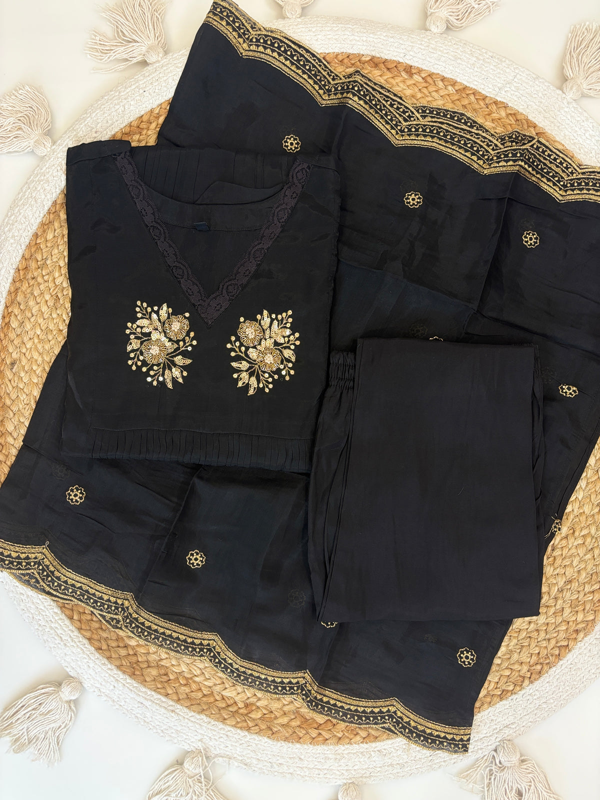 Black Golden Butti Embroidered Mul Chanderi Silk 3-Piece Kurta Set