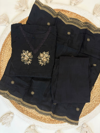 Black Golden Butti Embroidered Mul Chanderi Silk 3-Piece Kurta Set