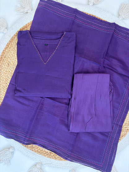 Royal Purple Floral Embroidered Mul Chanderi Silk Cotton 3-Piece Kurta Set