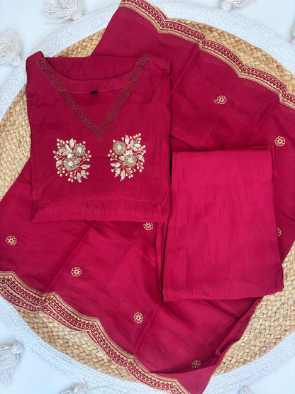 Wine Red Golden Butti Embroidered Mul Chanderi Silk 3-Piece Kurta Set