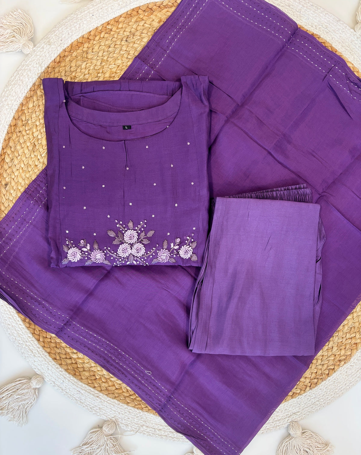 Royal Purple Embroidered Print Chanderi Cotton 3-Piece Set