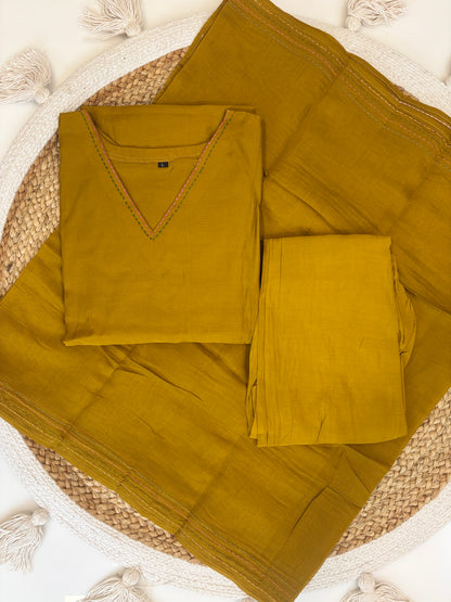 Mustard Gold Floral Embroidered Mul Chanderi Silk Cotton 3-Piece Kurta Set