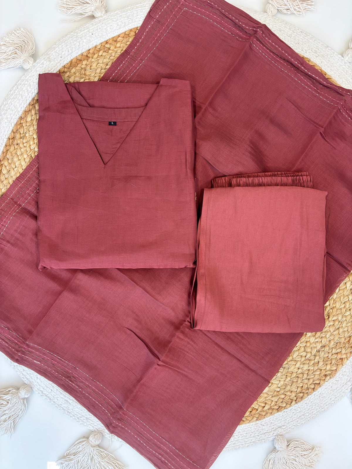 Wine Maroon Solid Mul Chanderi Silk Cotton 3-Piece Kurta Set
