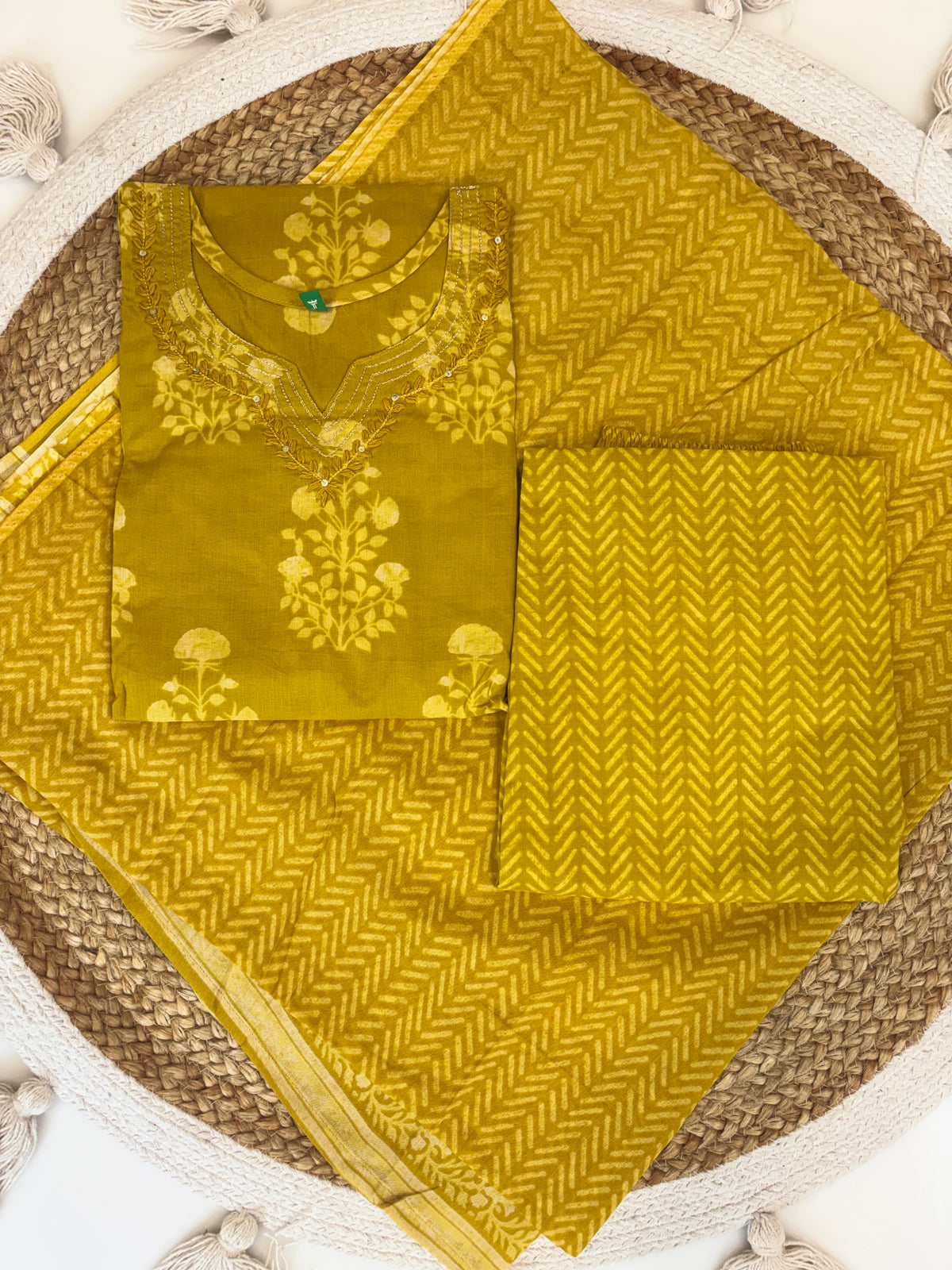 Mustard Yellow Floral Butti Cotton 3-Piece Kurta Set