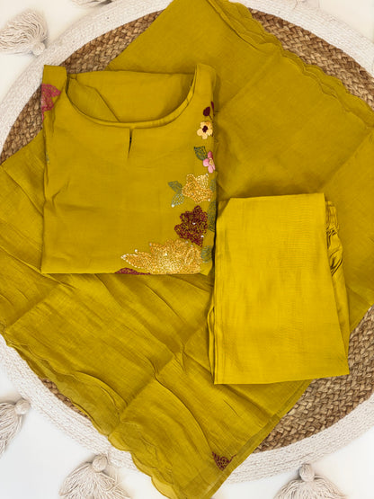 Mustard Yellow Floral Embroidered Chanderi Cotton 3-Piece Set