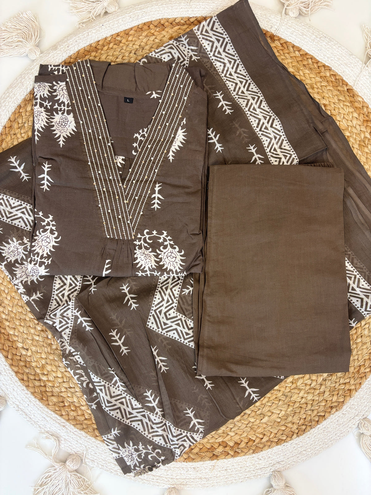 Charcoal Black Floral Print Chanderi Cotton 3-Piece Set