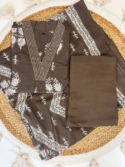 Charcoal Black Floral Print Chanderi Cotton 3-Piece Set