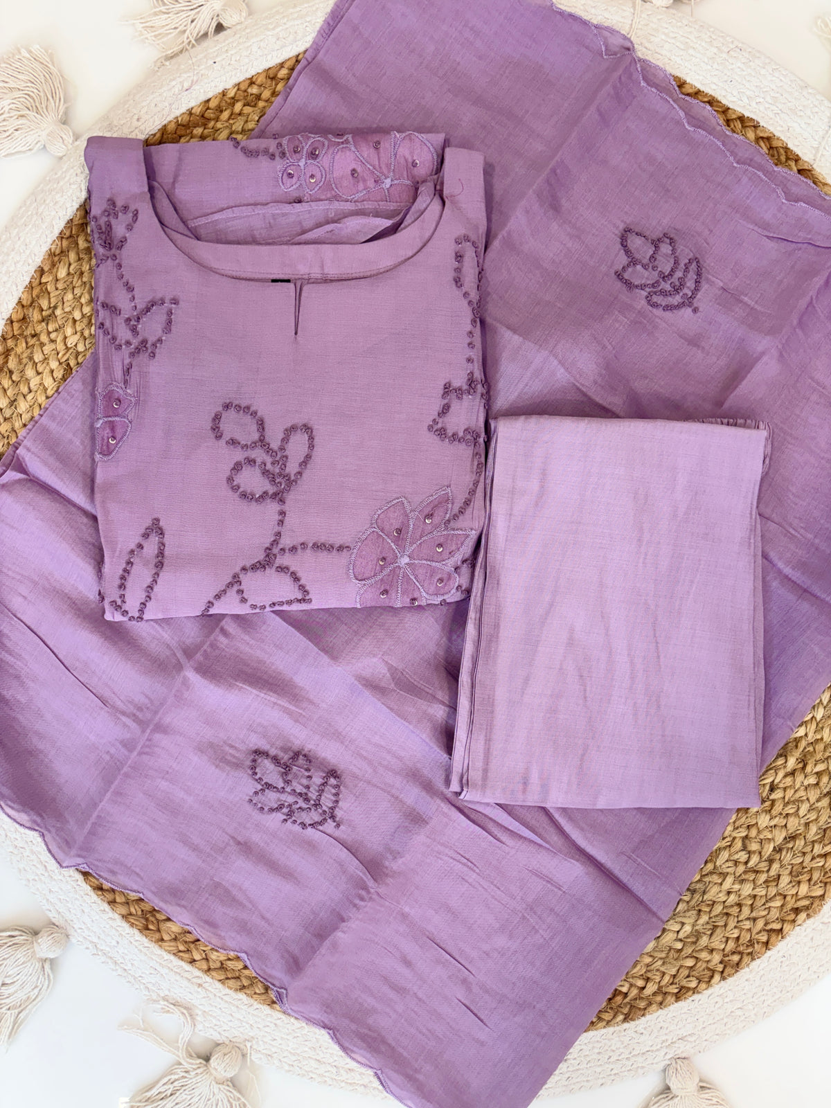 Lavender Floral Embroidered Mul Chanderi Cotton 3-Piece Kurta Set