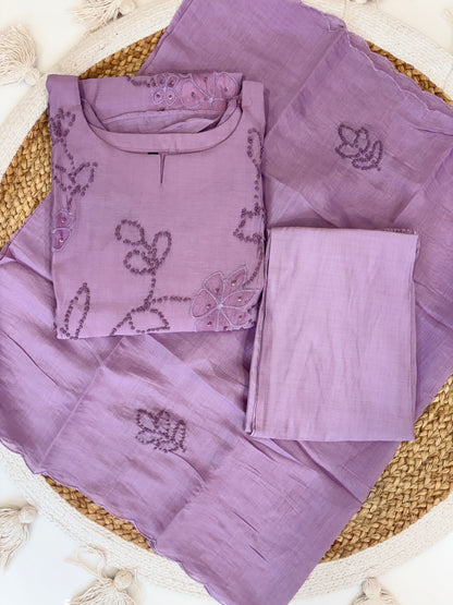 Lavender Floral Embroidered Mul Chanderi Cotton 3-Piece Kurta Set