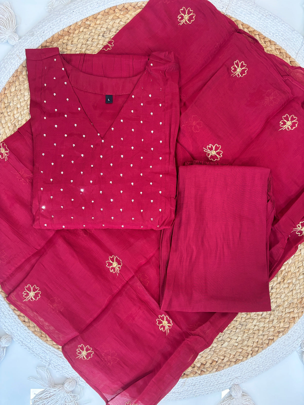 Deep Wine Floral Butti Mul Chanderi Silk 3-Piece Kurta Set
