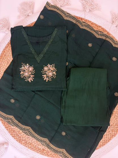 Bottle Green Golden Butti Embroidered Mul Chanderi Silk 3-Piece Kurta Set